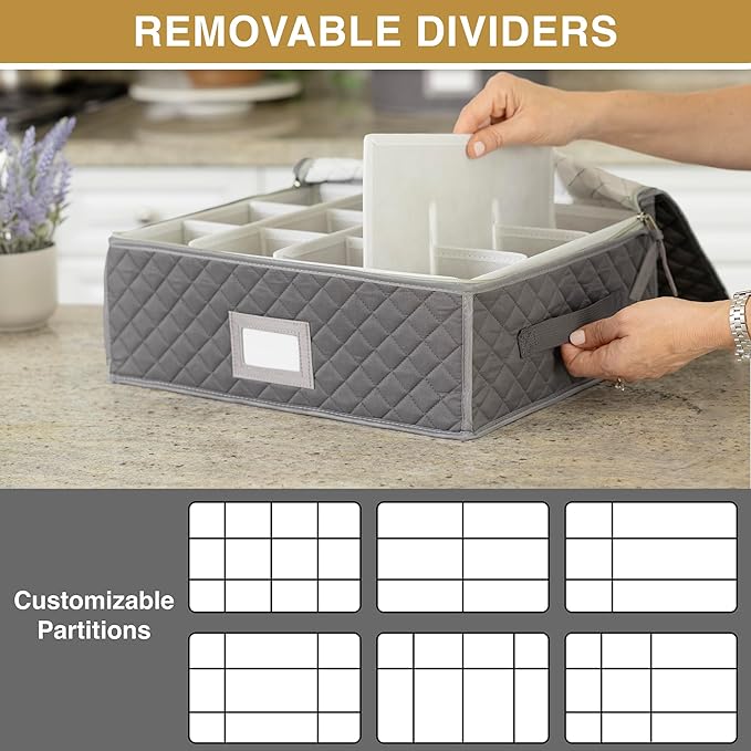 Stack Store Plus More China Cup Storage Chest - Quilted Fabric Container in Gray Measuring 16" x 13" x 6"H - Perfect Storage Case for Coffee Mugs - Tea Cups - Mason Jars - Glassware