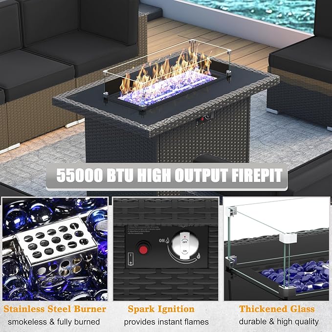 LayinSun 10 Piece Patio Furniture Set with 44" Propane Gas Fire Pit Table, Outdoor Sectional Conversation Set Wicker Rattan Sofa Set with Coffee Table