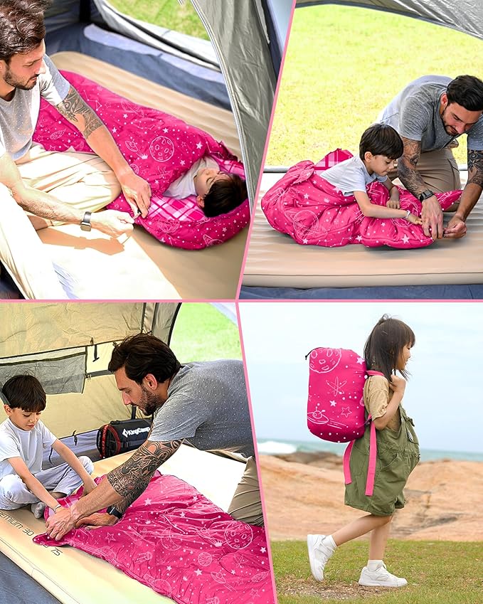 KingCamp 45° F Kids Sleeping Bag, Lightweight Waterproof & Compact Flannel Sleeping Bags Cold Weather & Warm Youth Essentials Gear Accessories for Camping, Fits 10-12 Children up to 5'5" Tall