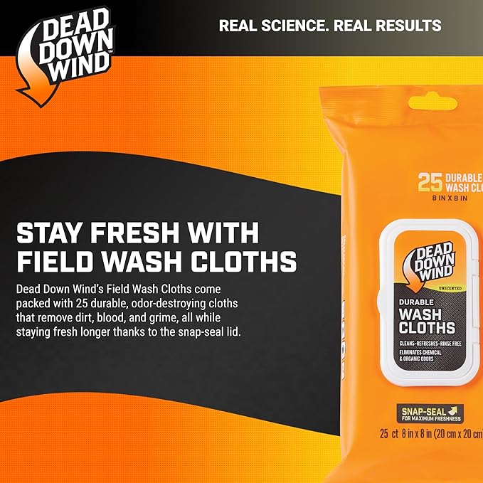 DEAD DOWN WIND Durable Wash Cloth W/Snap Lid Closure (25Ct) - Scent Eliminating Sheet - Durable Hunting Scent Eliminators - Advanced Hunting Gear