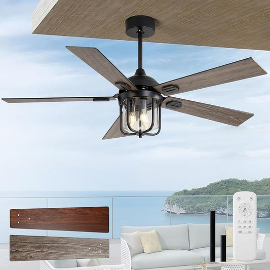 52-Inch Outdoor Waterproof Ceiling Fan with Light and Remote Control, Suitable for Use on Terraces and Porches. It Has a Timing Function (1/2/4/8H)(Walnut)