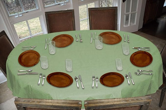 LAMINET Stitched Edge Drop Tablecloth - Basketweave (Green) - Oval - Fits Tables up to 54 x 72