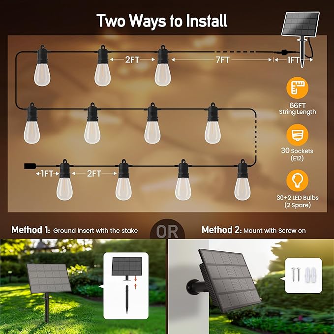 Solar String Lights Outdoor Waterproof 66 FT 30 Sockets 32 LEDs Patio Lighting, USB Charge & Remote Controlled Dimmer Timer, Solar Outdoor Lights for Patio Yard Outside Camping Party 2700K