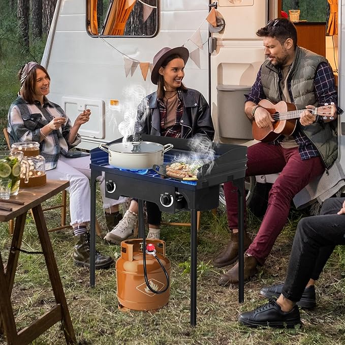 Outvita 2 Burner Propane Gas Stove for Outdoor Cooking, 150,000 BTU Camping Cooker with Windscreen for Cooking BBQ Baking Turkey Frying