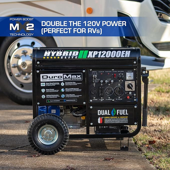 DuroMax XP12000EH 12,000-Watt Dual Fuel Portable Generator – Gas & Propane, Electric Start, Whole Home Backup Power, Transfer Switch Ready, RV & Emergency Ready