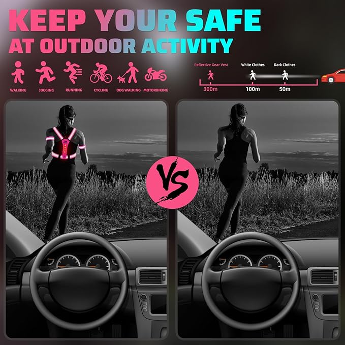 West Biking Running Vest Light - Led Running Reflective Gear for Walking at Night, High Visibility Night Rechargeable Light Up Running Vest, Adjustable Running Lights for Runners