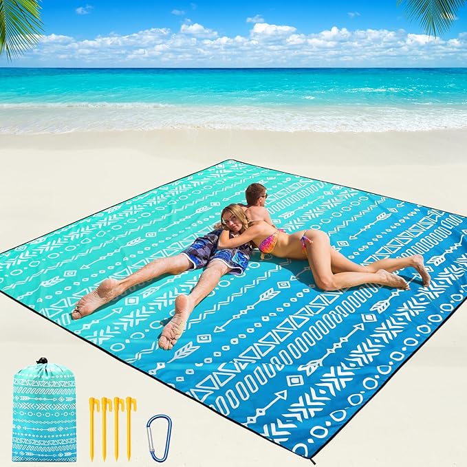 Beach Blanket Waterproof Sandproof Beach Mat 79" X 83"/10'x9'for 2-8 Adults Quick Drying Outdoor Picnic Mat Beach Accessories for Travel, Camping, Hiking