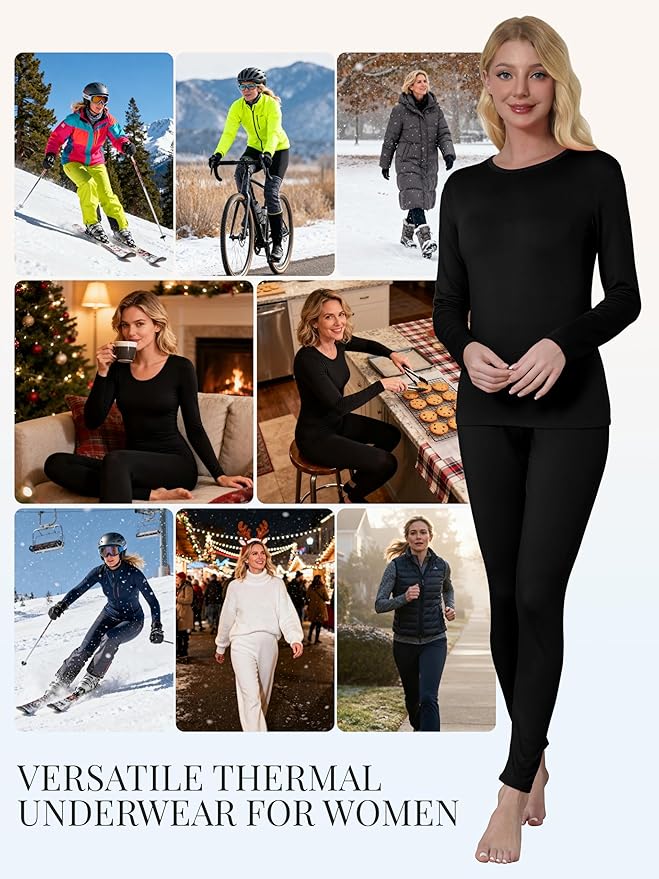 VZV Thermal Underwear for Women, Long Johns for Women Thermal Sets Fleece Lined Base Layer Top and Bottom Set