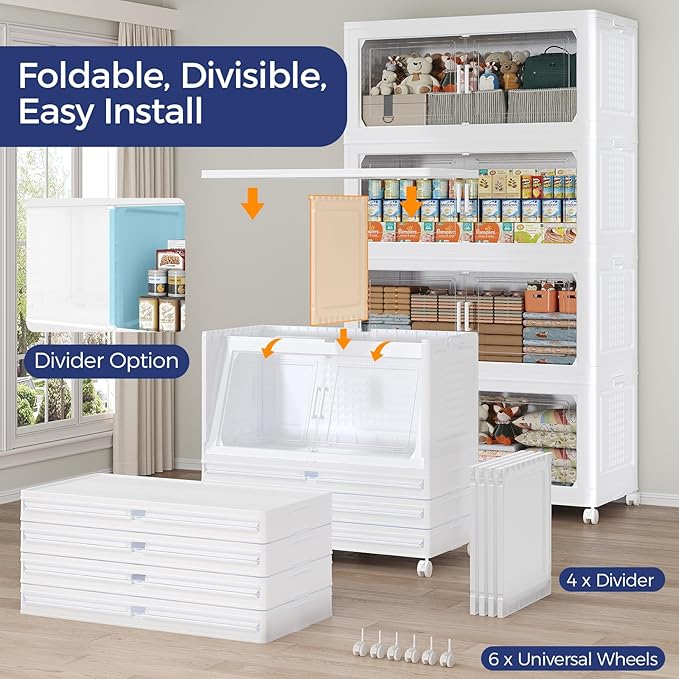 160GAL Extra Large Storage Bins with Lid, 640Qt Stackable Closet Organizers and Drawers, Collapsible Storage Bins with Wheels, Folding Storages Cabinet for Home Bedroom Office, 4Pack White