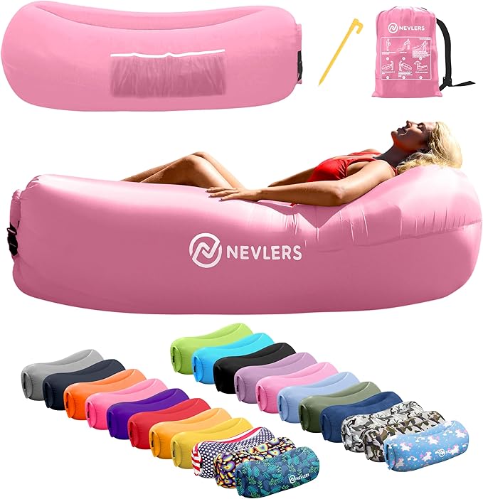 Nevlers Inflatable Lounger | 210T Polyester Inflatable Chair | No-Pump Blow Up Couch | Camping Couch Air Sofa Bed w/ 450 lbs. Cap., Pockets & Matching Bag | Use as Inflatable Couch for Adults & Kids
