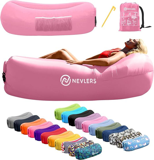 Nevlers Inflatable Lounger | 210T Polyester Inflatable Chair | No-Pump Blow Up Couch | Camping Couch Air Sofa Bed w/ 450 lbs. Cap., Pockets & Matching Bag | Use as Inflatable Couch for Adults & Kids
