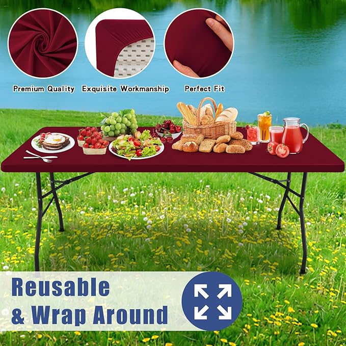 Spandex Picnic Table Cloth 2 Pack, Elastic Fitted Tablecloths for 8 Foot Rectangle Tables, Stretch Washable Patio Table Cover for Camping, Christmas & New Year Parties (Wine Red, 30"x96")