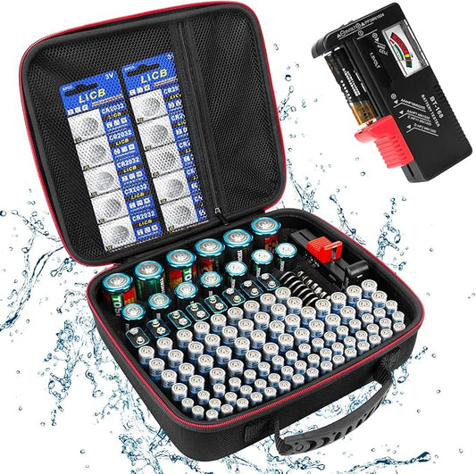 Battery Holder Organizer Storage Case with Tester - BT168,Holds 140+ Batteries Waterproof Carrying Case Bag for AA AAA C D 9V, Battery Vault Box for Organization (Not includes Batteries)