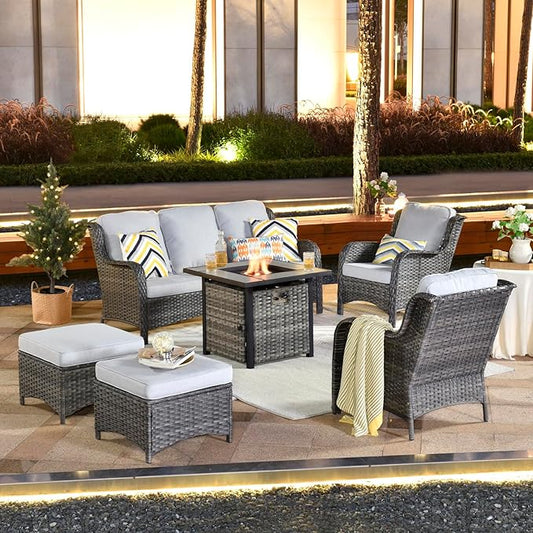 ovios 6 Pieces Patio Furniture Set with 30" Fire Pit Table, Outdoor Wicker Sofa with Ottomans, Comfy Cushions, High Back Couch Conversation Set, Grey Rattan, Grey