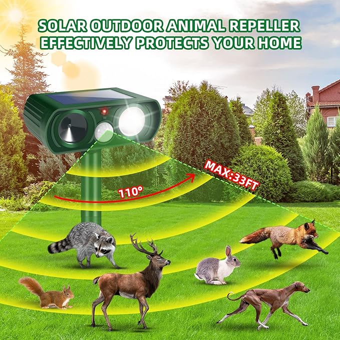 Solar Ultrasonic Animal Repeller Outdoor Cat Repellent Sonic Fortress Pro Deer Repellent with Motion Sensor & Strobe Light,Animal Deterrent Devices for Squirrel Racoon Skunk Rabbit Garden Yard, 4 Pack