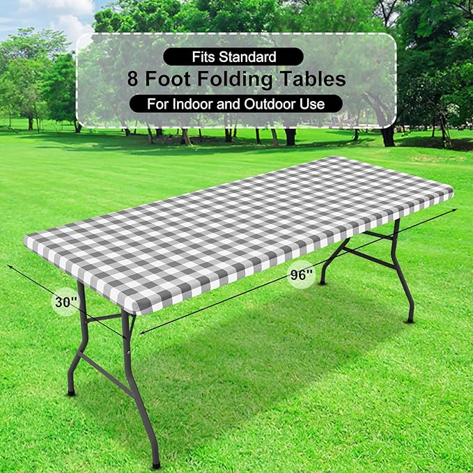 misaya Buffalo Rectangle Picnic Tablecloth, 8 Foot Elastic Fitted Vinyl Table Cloth with Flannel Backing, Waterproof Plaid Table Covers for Dining, Camping, Outdoor (Grey and White, 30" x 96")