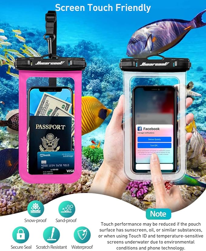 Hiearcool Universal Waterproof Phone Pouch,IPX8 Cell Phone Waterproof Case Up to 8.3" for iPhone 16 15 14 13 Pro Max,Beach Essentials Vacation Must Haves-Clear&Bright Red-2Pack