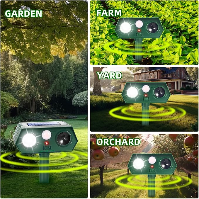 2 Pack Ultrasonic Solar Animal Repellent Cat Deterrent Outdoor,Deer Repellent with Motion Sensor Strobe Light,Waterproof Animal Repeller for Raccoon Squirrel Rabbit Dog Skunk,Yard Garden Protection