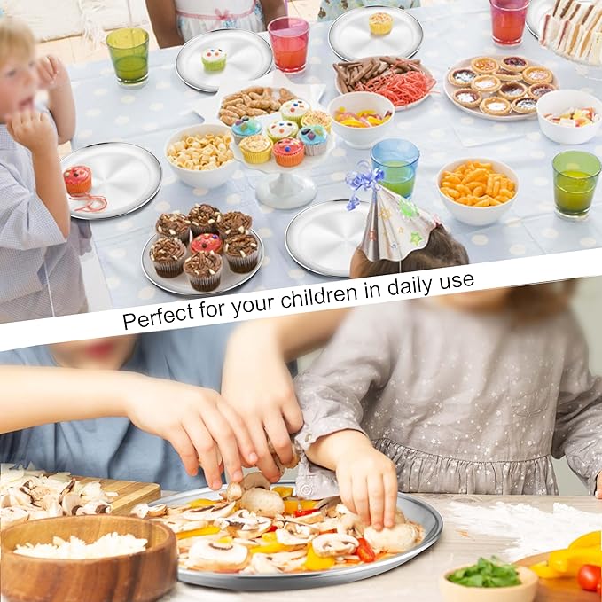 Homikit Stainless Steel Kids Plates Set of 8, 9 Inch Metal 304 Toddler Plates for Kids Children, 18/8 Non Toxic Dinner Dishes for Eating Feeding Serving Camping, Dishwasher Safe & Reusable