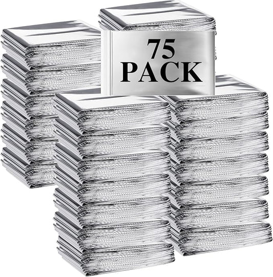 Macarrie 75 Pack Emergency Foil Thermal Blankets - Silver Foil Survival Blanket Space Blanket Kit for Outdoors, Camping, Hiking, Homeless, First Aid