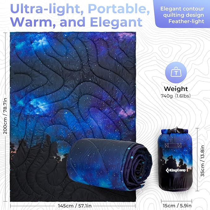 KingCamp Ultralight Camping Blanket, Packable Down Alternative Puffy Printed Wearable Blanket with Snap Buttons & Corner Loops Weatherproof Quilt for Outdoor Travel Stadium (79"L x 57"W, STARRYSKY)