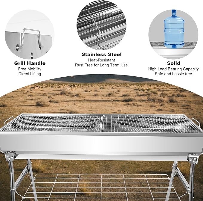 Portable Charcoal Grill, Foldable Stainless Steel Grill with Storage Shelf and non-slip feet - ideal for outdoor Kabob cooking, picnics and camping (lager)