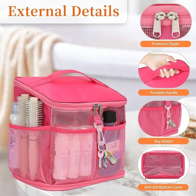 CUBETASTIC Shower Caddy Portable Mesh Shower Tote for Bathroom, Gym, Travel, Camping - Quick Dry Hanging Organizer Toiletry Bag with Handle for College Dorm Room, Men & Women (A# Hot Pink, 9.8")