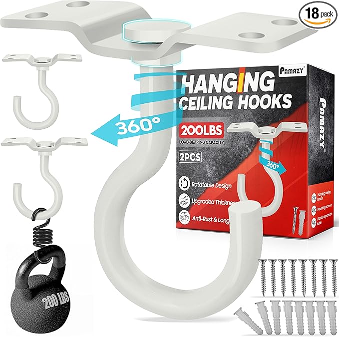 [UPGRADED] 2Pcs 200LBS Rotatable Ceiling Hooks with 4 Screw Points Base, Wall Mount Metal Hanger White Ceiling Hook for Hanging Plant, Bird Feeder, Lights, Bed Canopy, Wind Chime, Indoor Outdoor Decor