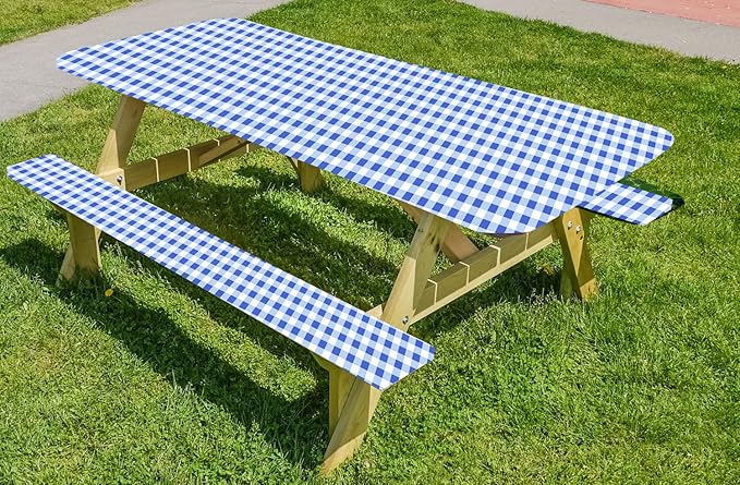 LAMINET Gingham Blue Check Picnic Table Cover - Large fits up to 72” x 30”
