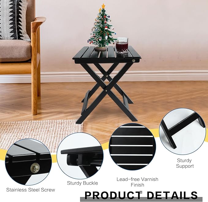 Small Wood End Square Table Outdoor Patio Side Folding Table Coffee Furniture for Living Room, Bedroom, Plant Stand, Camping Portable Black