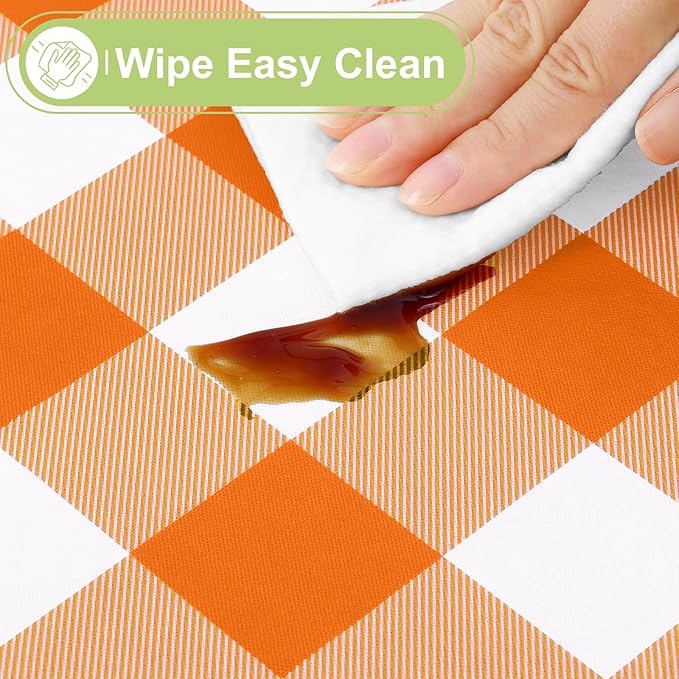 Smiry Rectangle Table Cloth, Waterproof Vinyl Tablecloth with Flannel Backing, Wipeable Buffalo Plaid Table Cover for Dining, Indoor and Outdoor (Orange & White, 52"x70")