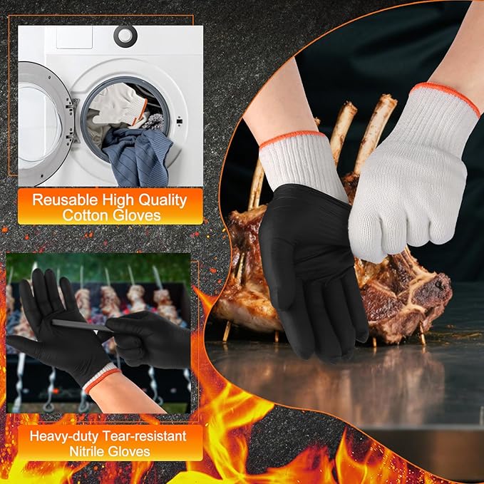 BBQ Gloves 50 Disposable nitrile Gloves with 2 Reusable Cotton Liners Guantes for Cooking Food Prep,Powder Latex Free,Heat Resistant for Grilling, Barbecue, Smoker Guante Heat Froof for Men - XLarge