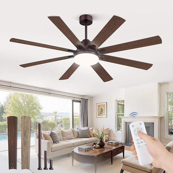 ZMISHIBO 65 Inch Ceiling Fan with Light, Indoor/Outdoor Ceiling Fans with Large LED Panel, Quiet Reversible DC Motor, 6-Speeds, 3CCT, Brown Farmhouse Ceiling Fan for Patio, Livingroom, Bedroom