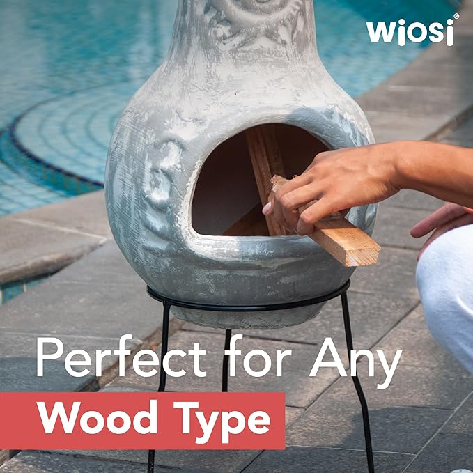 Wiosi Medium Chiminea Outdoor Fireplace Grey Clay Chimineas with Chimney Rain Lids and Solid Metal Stands - Grey Terracotta Chimenea - Rustic Fire Pit Chimnea 16 x 16 x 32-inch