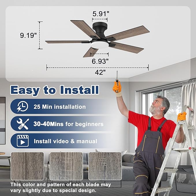 42" Smart Low Profile Ceiling Fan with Lights Remote,6 speed Quite DC Motor,WIFI Voice Control via Alexa App,Dimmable LED,Outdoor Indoor Flush Mount Fans for Small Bedroom Patio Porch,Black&Walnut