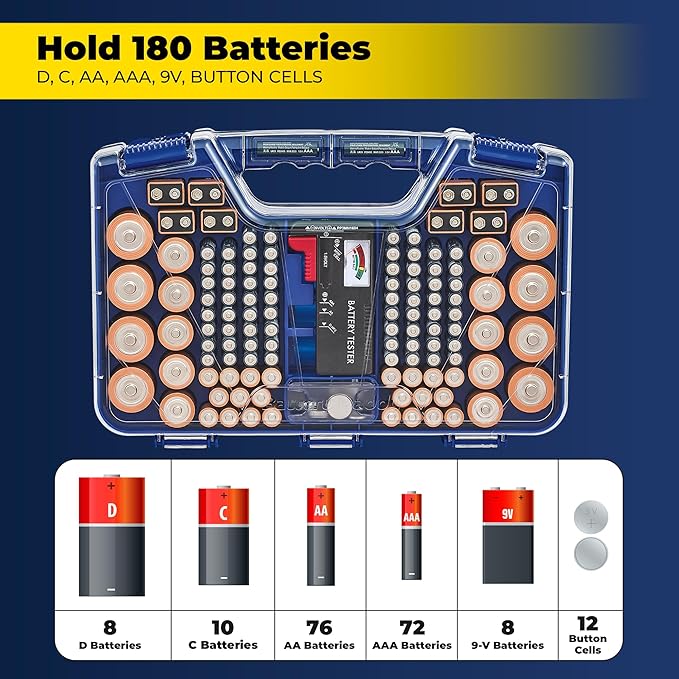 Ontel Battery Daddy Storage & Organizer Case with Tester, Stores & Protects Up to 180 Batteries, Double-Sided, Durable Design with Clear Locking Lid, Secure Latches & Portable Carrying Handle - Blue