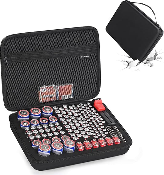 Battery Organizer Storage Case for AA AAA C D 9V, for 7 Batteries Variety Pack 111 Batteries Mesh Bag (Battery Not Included)