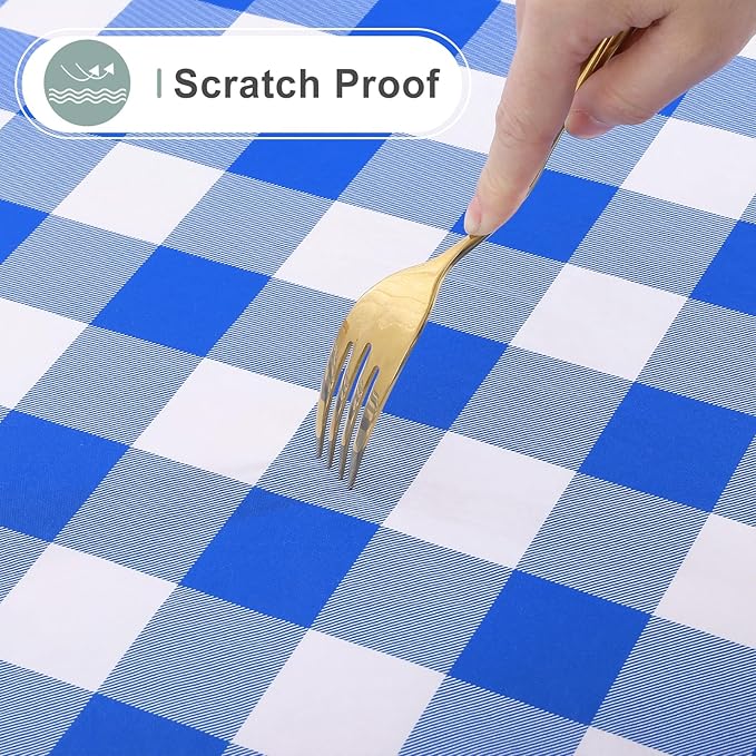 misaya Rectangle Waterproof Vinyl Table Cloth, Buffalo Flannel Backed Tablecloth, Wipeable Plastic Table Cover for Seaside, Picnic, Outdoor (60" x 144", White and Blue)