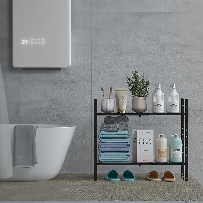 Expandable Spice Rack, Stackable Metal Pantry Storage Shelves Stand, Adjustable Height Cabinet Shelf Organizer Racks(2PACKS/Black,Large)