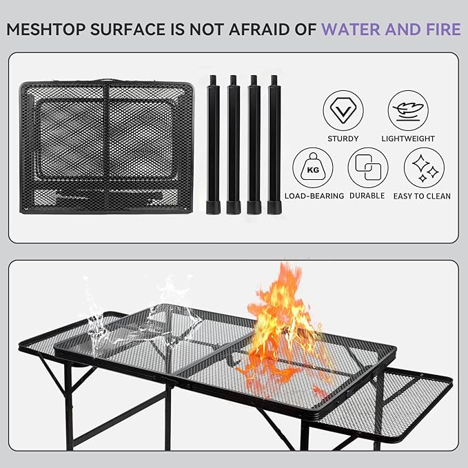 BRIAN & DANY 3x2 FT Camping Table with 2 Wing Panels, Folding Grill Table, Metal Portable Picnic Table, Lightweight Height Adjustable Foldable Table for Outdoor, Black