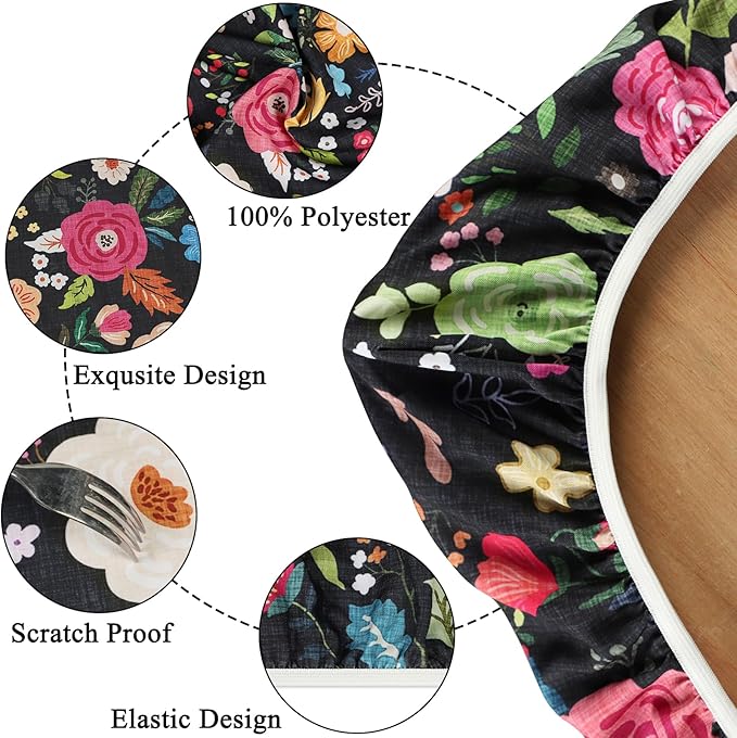 famibay 3 Piece Picnic Table Cover and Bench Covers Black Floral Polyester Camping Tablecloth, Windproof Reusable Fitted Picnic Table Covers with Elastic(12”x72+30”x72”)