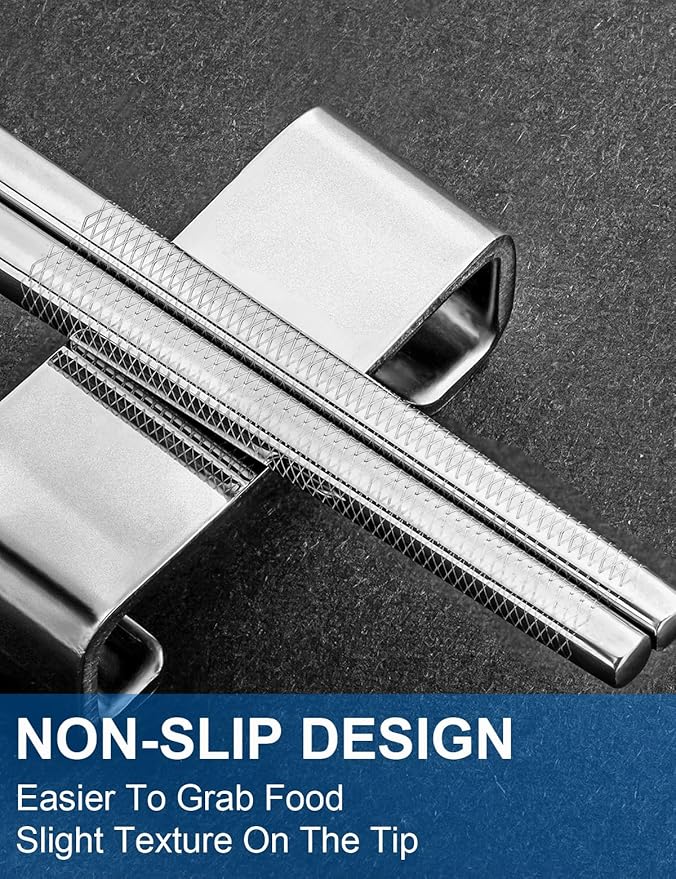 Metal Chopsticks Reusable 2 Pairs Titanium Plated Stainless Steel Chopsticks with Holder, Dishwasher Safe Non-Slip Japanese Style Chop Sticks Present Set (Blue Silver)