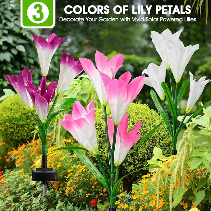 8 Pack Solar Garden Lights Outdoor, 7 Color Changing LED Waterproof Solar Powered Lily Flowers Landscape Lights for Outside Yard, Patio, Pathway Decorative, Décor