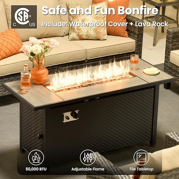 ovios 6 Pieces Patio Furniture Set with 54" Fire Pit Table, Outdoor Wicker Sofa with Comfy Cushions, All Weather High Back Rattan Couch Conversation Set, Beige