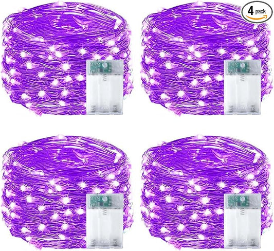 4-Pack 50 LED Fairy Lights Battery Operated with Timer, 16FT Waterproof Halloween String Lights Outdoor Indoor LED Starry Lights for Halloween Parties Bedroom Home Centerpiece DIY Decorations (Purple)