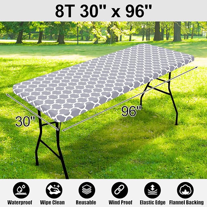 Smiry Rectangle Picnic Table Cover, Waterproof Elastic Fitted Camping Tablecloths for 8 Foot Tables, Wipeable Flannel Backed Vinyl Tablecloth Protector for Indoor, Outdoor (Grey, 30x96 Inches)