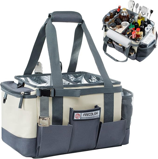 Large Grill Caddy - BBQ/Tailgating Accessories, Insulated Condiment Holder - Camping, Picnic, BBQ, Tailgating, Family Gathering - Ivory-Grey, 1 Gallon, 16"W x 11"D x 11.5"H