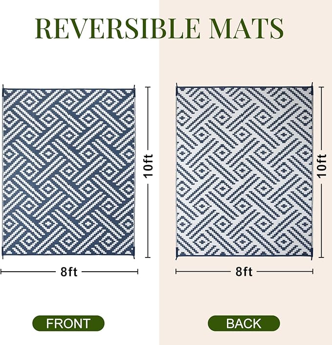 OPPODREAM Outdoor Rug 8x10 Patio Waterproof, Large Outdoor Plastic Straw Rug, Reversible Out Door Carpet for Camping, Deck, Rv, 8 x 10 Area Carpet for Balcony, Porch, Backyard, White and Navy Blue