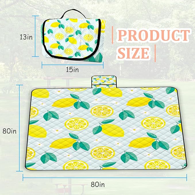 Extra Large Picnic Blanket Waterproof,80"x 80"Foldable Machine Washable Beach Blankets,Outdoor Blanket for 6-8 Adults,Picnic Mat Suitable for Indoor Crawling,Park Beach,Camping,Hiking,Travel(Lemon)