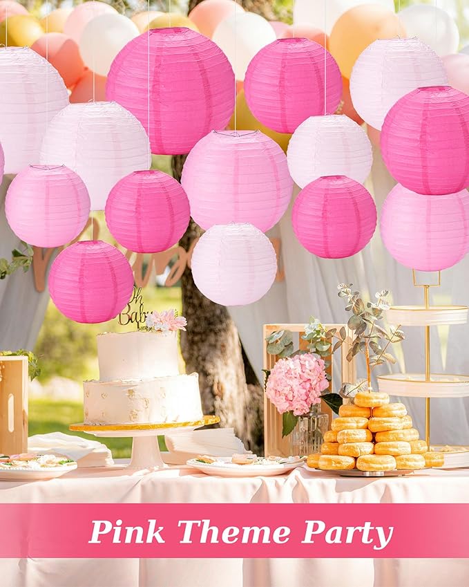 Treela 48 Pcs Paper Lanterns Party Decorations Chinese Round Paper Lanterns 4/6/8/10 Inch Asian Hanging Lamps Decorative for Birthday Party Supplies (Pink Series)